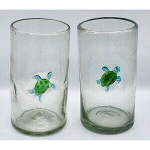 Lot of 2 Vintage Handblown Drinking Glasses with Turtles 6" See Description